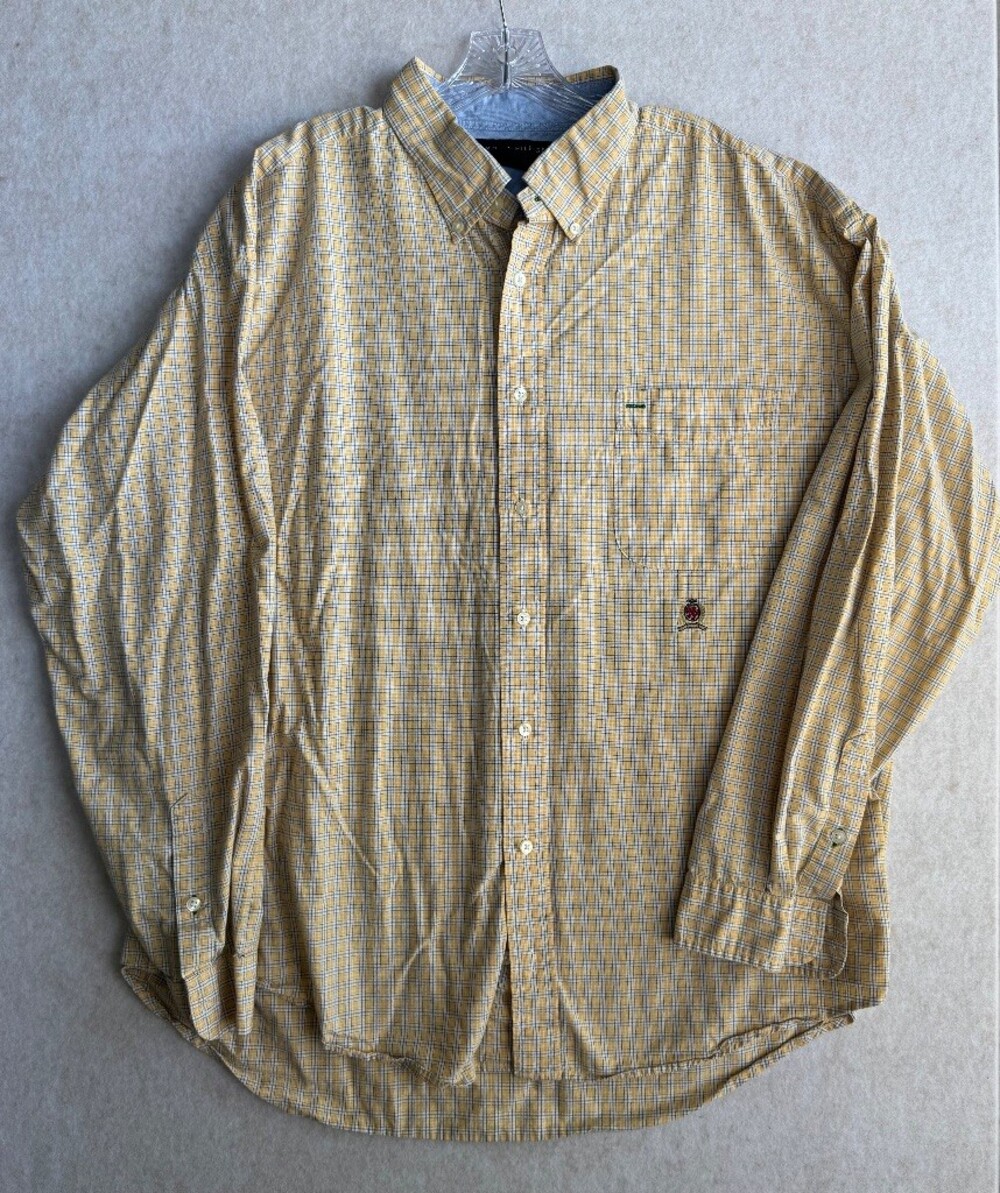 Tommy Hilfiger Men’s XXL Yellow Plaid Button Down Shirt Crest Logo 100% Cotton